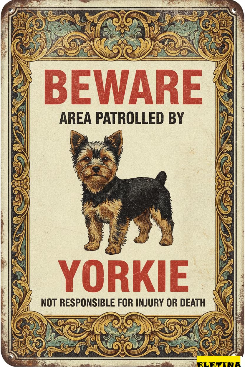 Personalized Sign for Man Cave Beware Of Dog Fence- Warning Dog Metal S- Yorkie Funny Warning Tin S 8x12 Inch Private Property Decorative