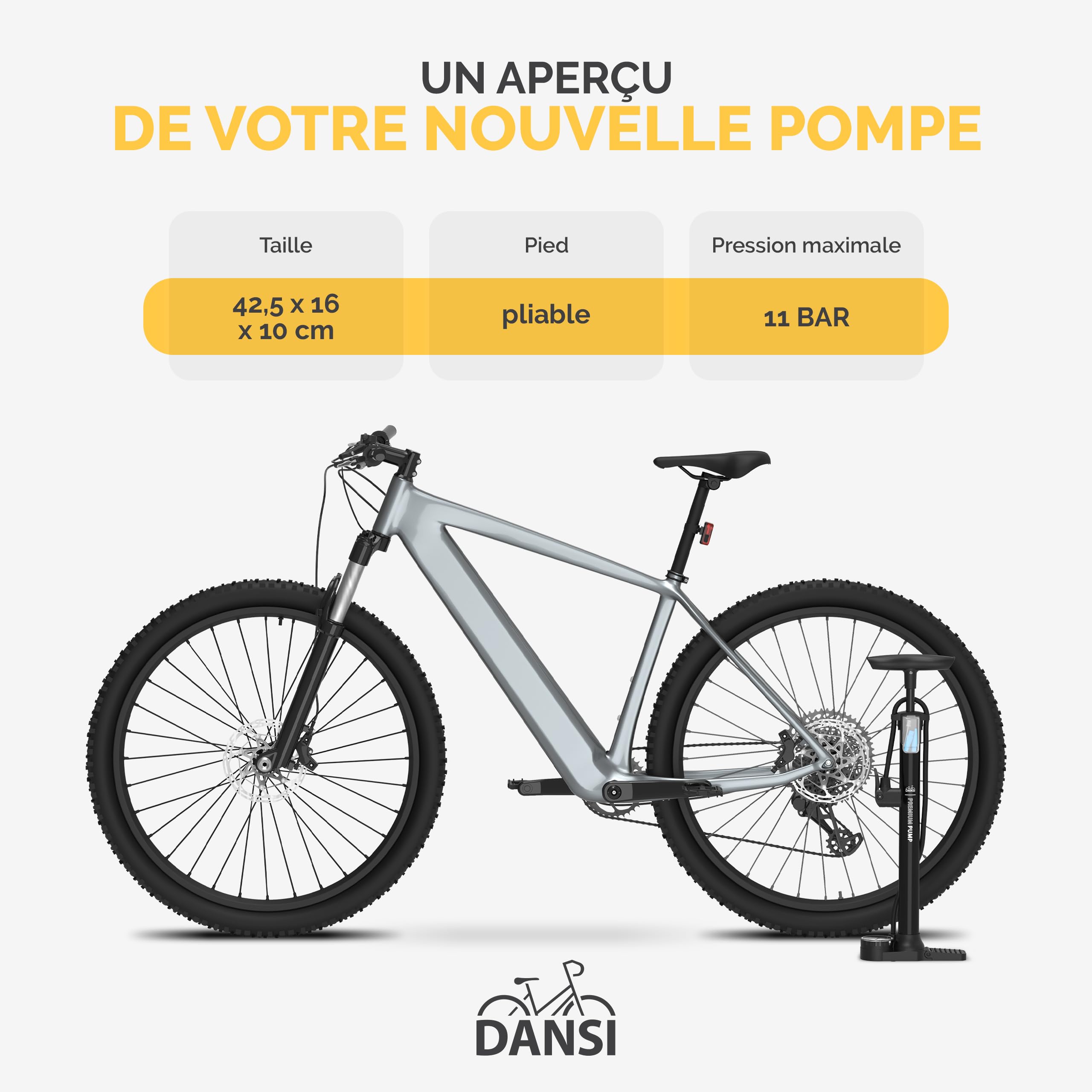DANSI Pompe à vélo à Pied Toutes valves AV, SV, DV avec Grand manomètre