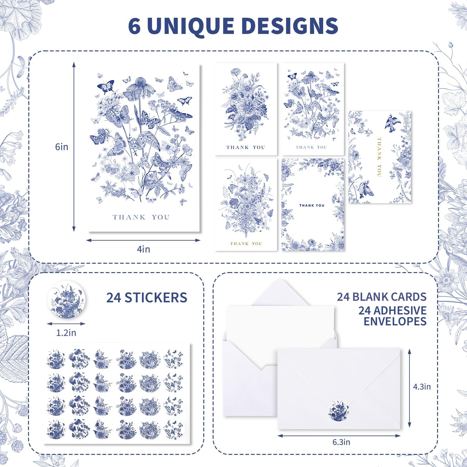 Blue Flowers Thank You Cards with Envelopes (24 pack 4"x6") - Floral Thank You Cards with Adhesive Envelope & Matching Stickers - Gifts for Birthday, Wedding, Bridal Showers, Baby Showers (Blue) - Image 2