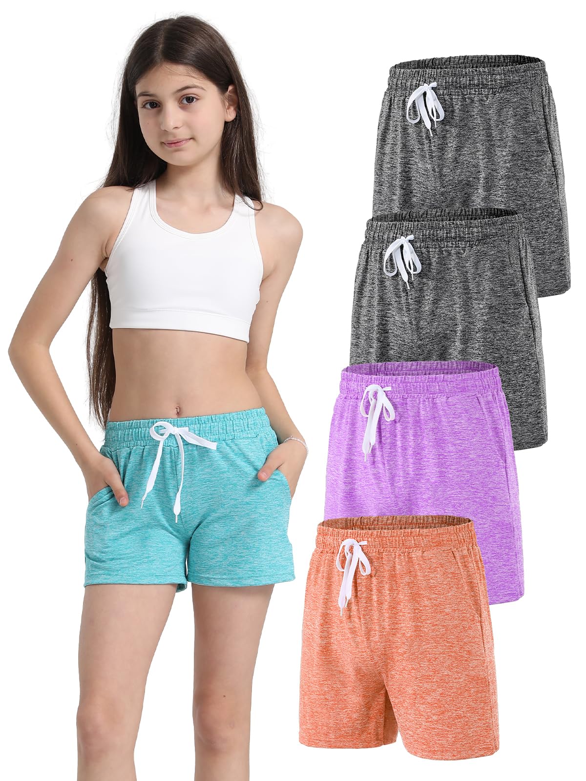 Celfaeree 4er Pack Mädchen Shorts Trainingshose Active Shorts Kurze Hosen with Elastischer Sommer Gym Running Radlerhose Kinder 6-16 Jahre