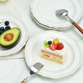 4 Pcs 20cm Ceramic Side Plates, 8 Inch Dessert Plate Set | Ornate Vintage Style for Salad, Cake & Tapas. Microwave, Oven & Dishwasher Safe Elegant Tableware