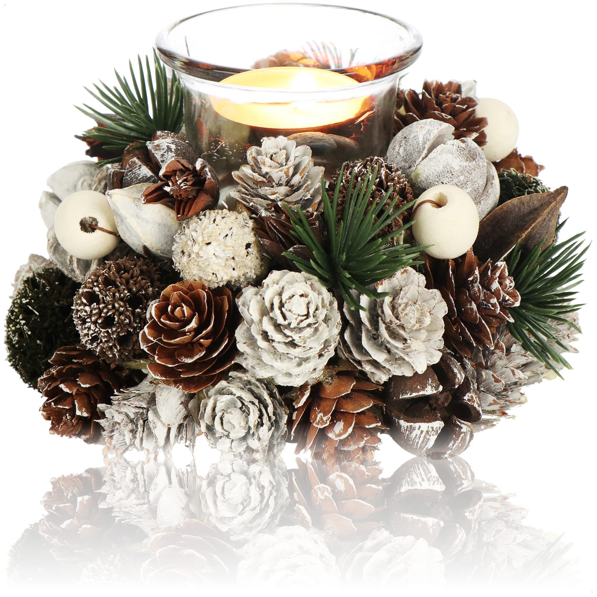 com-four® Portavelas - Portavelas Decorativo para Navidad y otoño - Portavelas con Materiales Naturales - Artesanía (1 portavelas - Perlas Blancas)