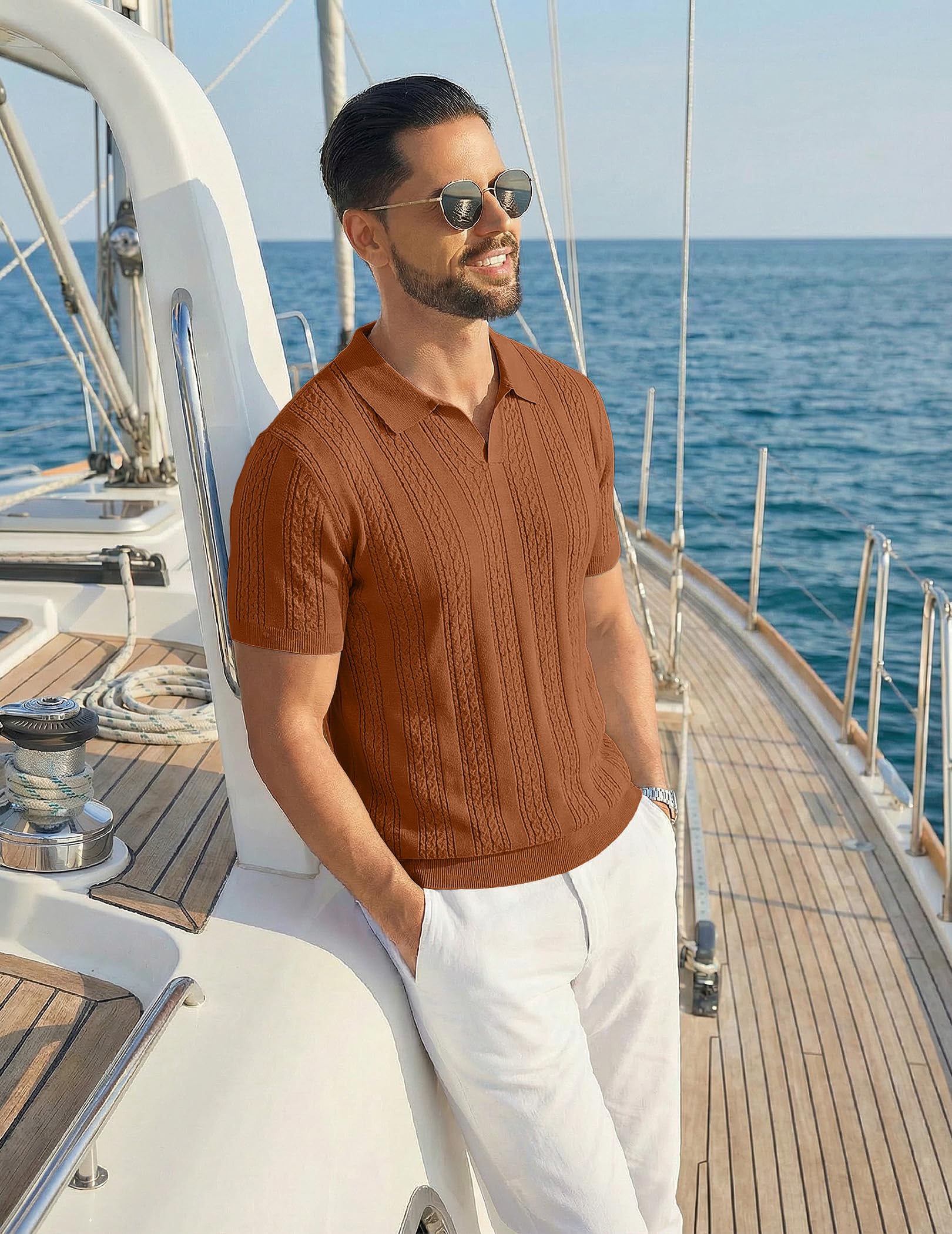 Coofandy Polo en Tricot pour Homme à Manches Courtes avec col en V Polo léger d'été décontracté texturé