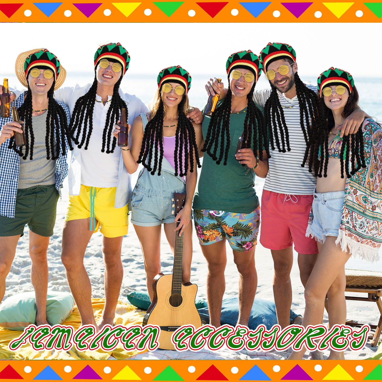 Set di 4 accessori per costume rasta, rasta caraibica, parrucca intrecciata giamaicana, occhiali giamaicani, braccialetto, collana, per Halloween, cosplay e feste in maschera