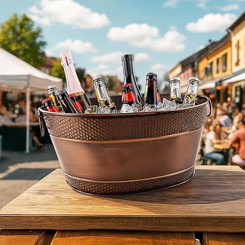 Miniatura 2 de BREKX Bañera galvanizada para fiestas, cubo de bebida ovalado con asas, cubo enfriador de vino con acabado de cobre Colt para bar en casa (15