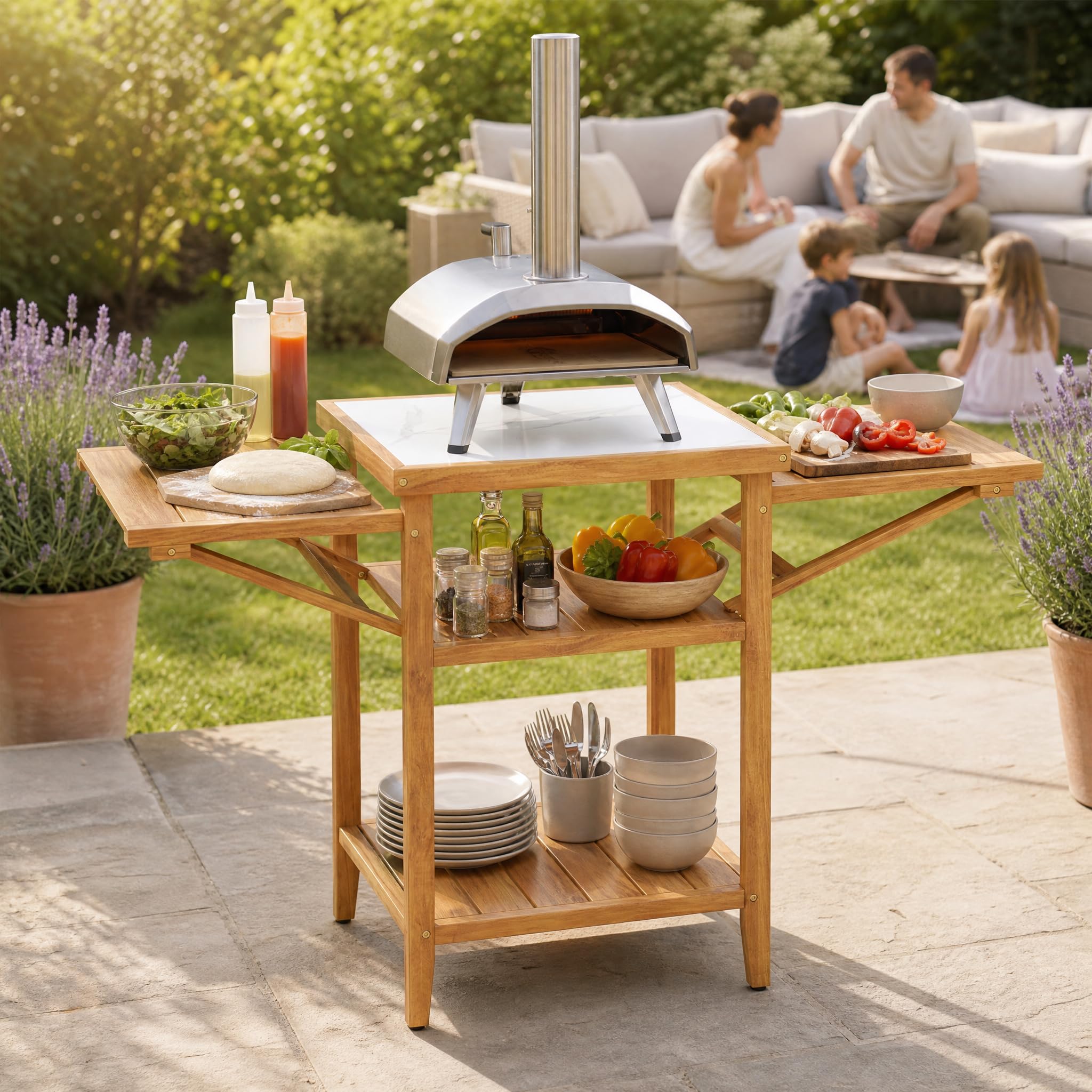 Giantex Mesa de Barbacoa de Exterior, Mesa de Parrilla de Madera de Acacia | 124,5x60x89,5cm, Mesa de Madera Acacia, Tablero con Diseño de Imitación de Mármol, Estantes de Listones, para Jardín, Terraza