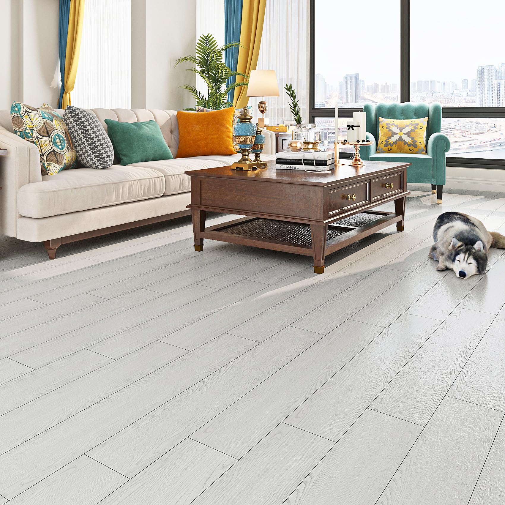 Livelynine Pavimento PVC Adesivo Bianco Effetto Legno Parquet 90x15CM 18 Pezzi