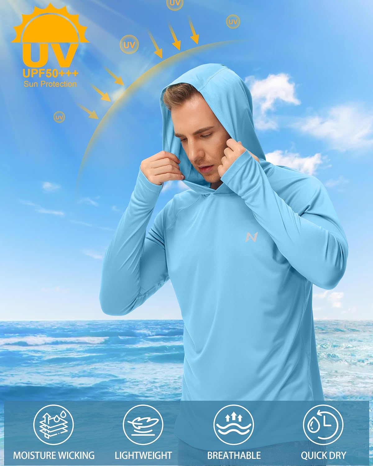 isnowood Sun Shirt UPF 50+ Men's Fishing Shirt Long Sleeve UV Protection Hoodie Rash Guard for Swimming Running Hiking Light thumbnail