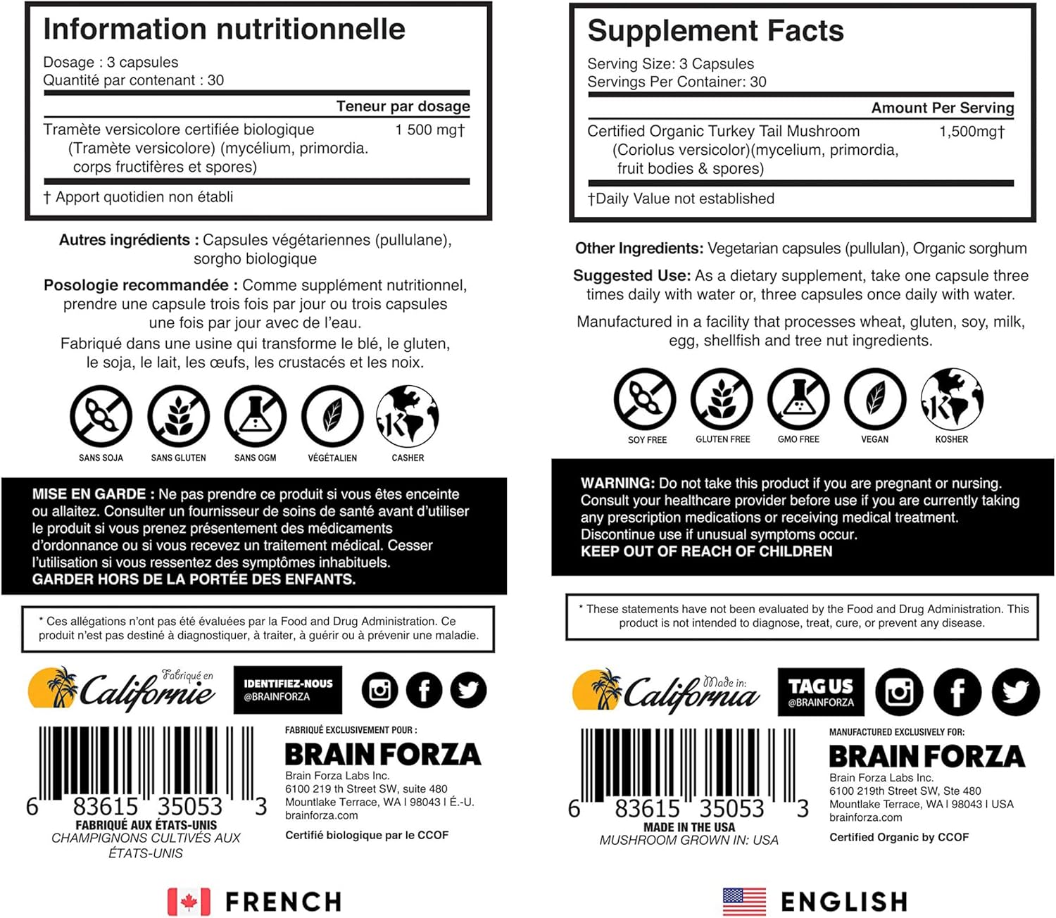 Brain Forza Organic Turkey Tail Mushroom Capsules, Mushroom Powdered Immune Support, Liver and Digest Health Support, Organic Defense Support, Non-GMO, Vegan, 90 Capsules
