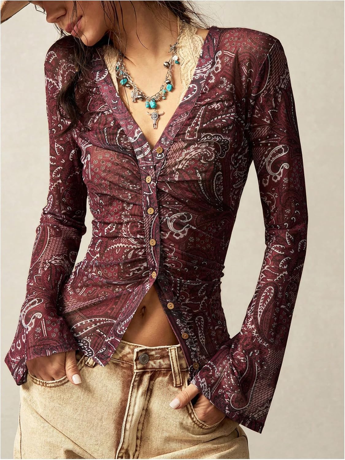 SweatyRocks Women's Long Sleeve Slim Fit Ruched Button Down Shirt Y2k Vintage Going Out Tops - Image 5