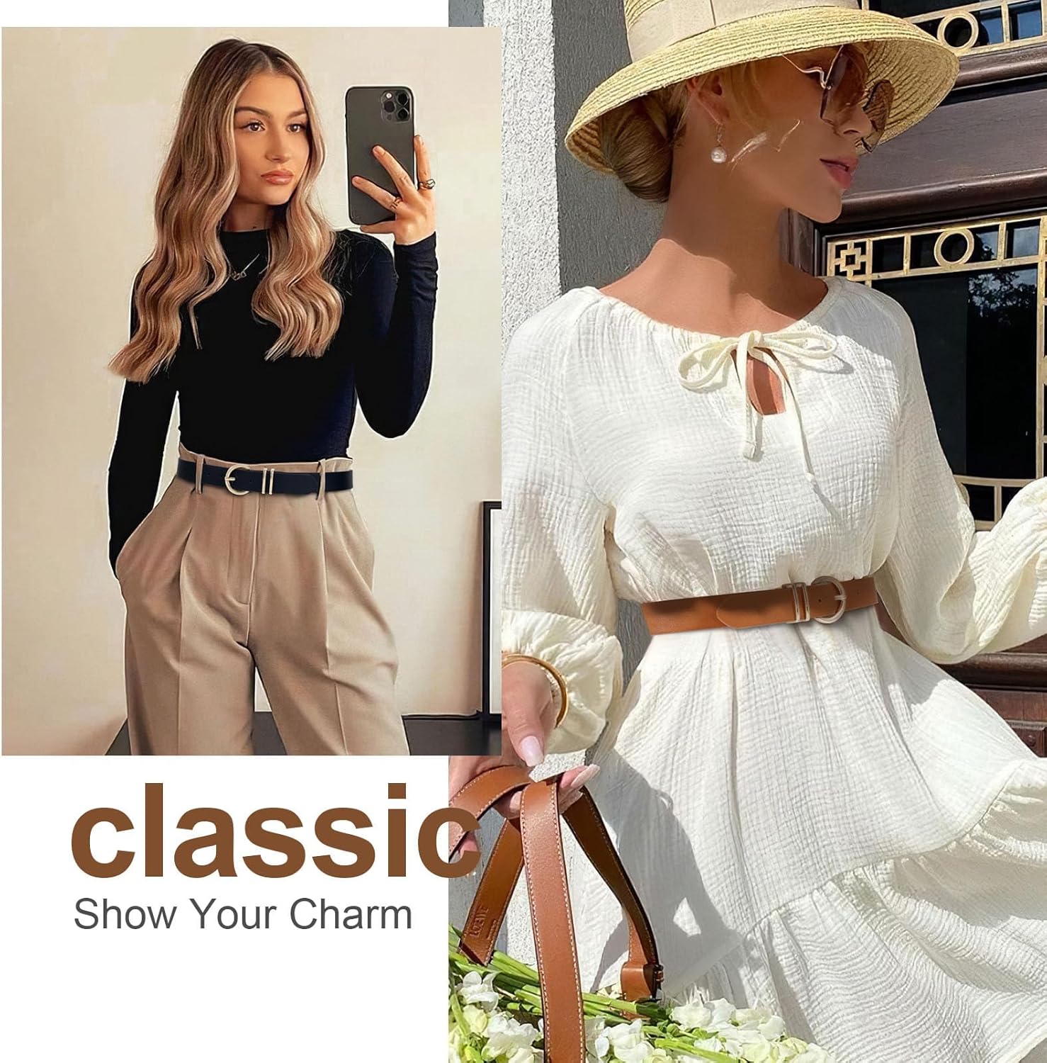 VONMELLI 2 Pack Women's Leather Belts for Jeans Dresses Fashion Gold Buckle Ladies Belt - Image 4