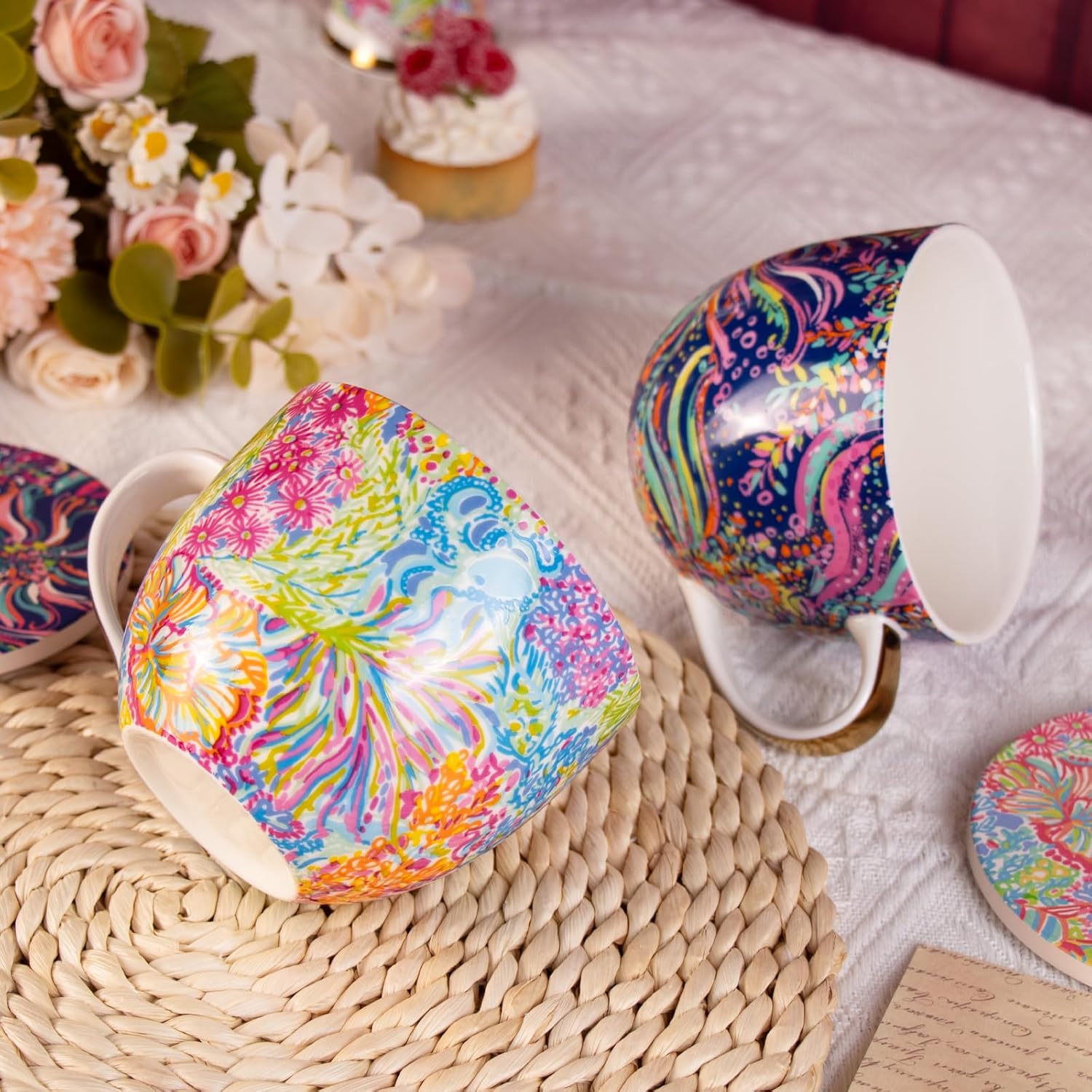 KAMMAK Coffee Mugs Ceramic Tea Cups Set of 2, 15 oz Porcelain Espresso Cups with Coaster Large Novelty Mugs with Handle for Cappuccino, Latte, Americano, Breakfast Cereal, Hot Cocoa (Purple + Ocean) - Image 6