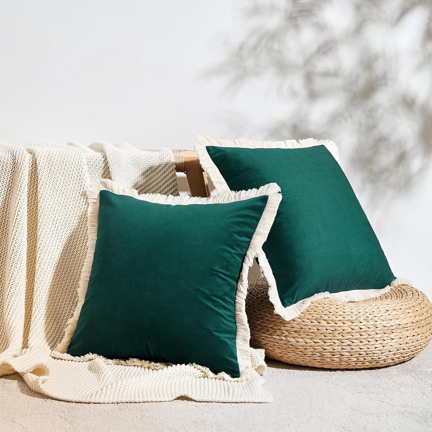 MONDAY MOOSE Decorative Throw Pillow Covers Cushion Cases, Set of 2 Soft Velvet Modern Fringe Tassel Designs, Mix and Match for Home Decor, Pillow Inserts Not Included (20x20 inch, Teal Green)