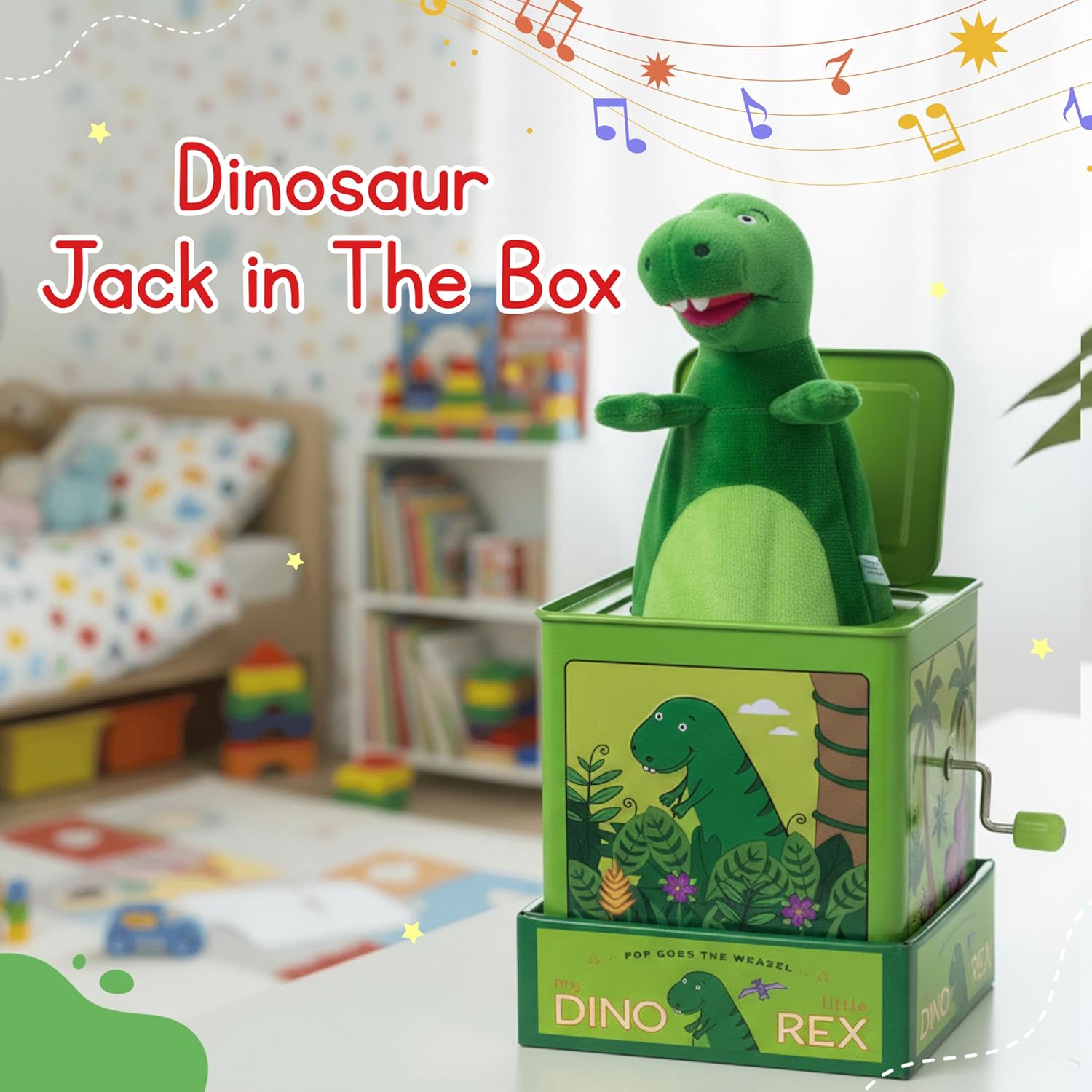 Jack Rabbit Creations Dinosaur Jack in The Box Toy, Plush Green Dinosaur, Side Crank Plays Twinkle Little Star, Surprise Pop-Up, Kids Age 3+