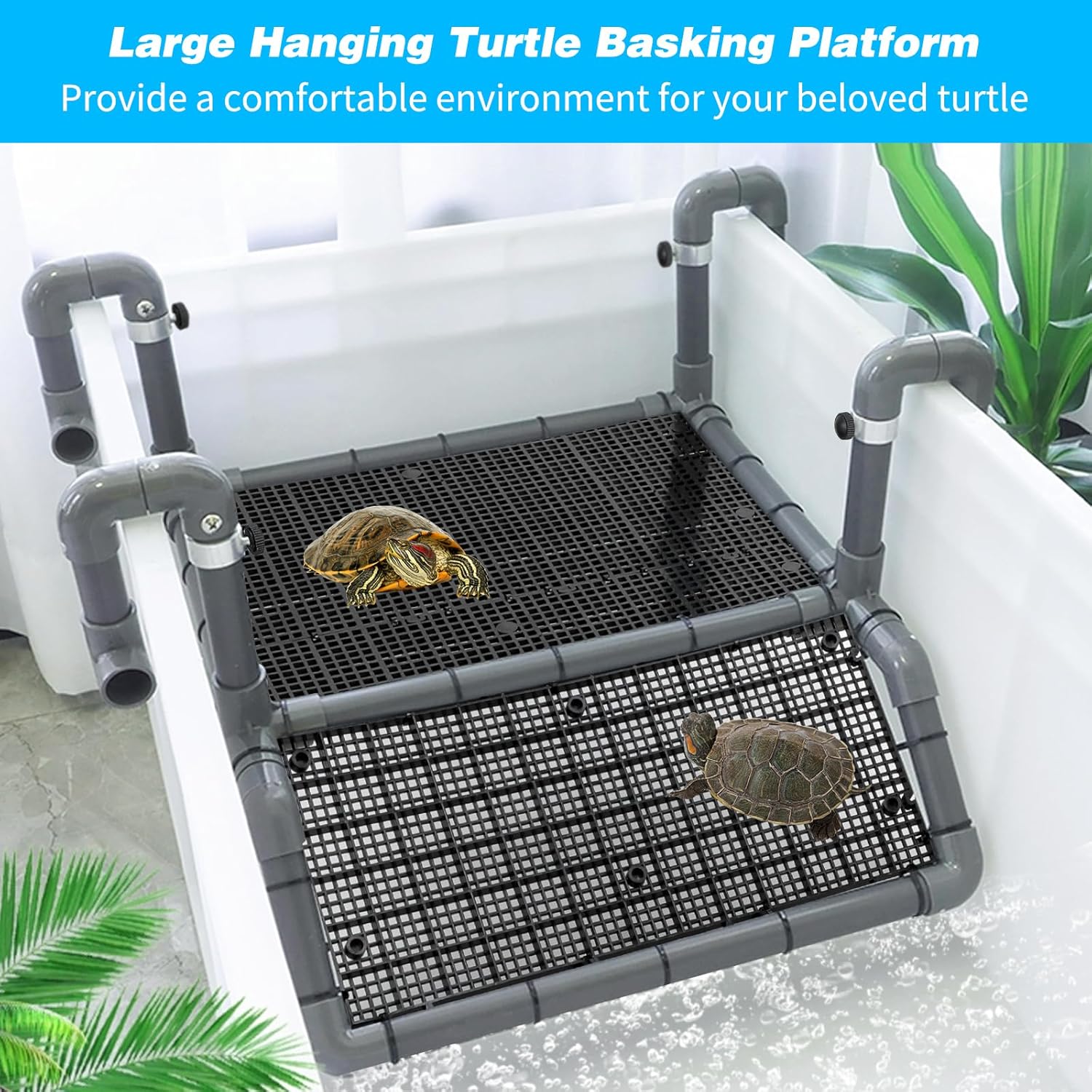SKARUS Extra Large Hanging Turtle Basking Platform, 13.4"-19″ Wider Turtle Dock with Ramp, Basking Area for Aquarium Tank Adjustable Height (7.9"-13.9') Non-Slip PVC Ramp & Above Water Dry Area