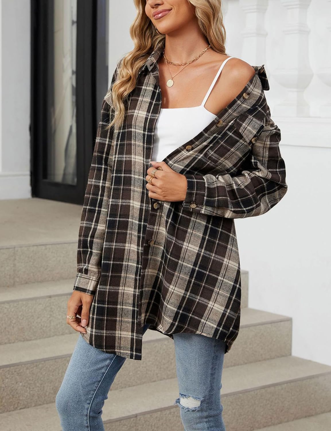 Zontroldy Womens Button Down Flannel Plaid Shirts Mid Long Casual Boyfriend Buffalo Pockets Shirt Jacket Shacket Coat - Image 4
