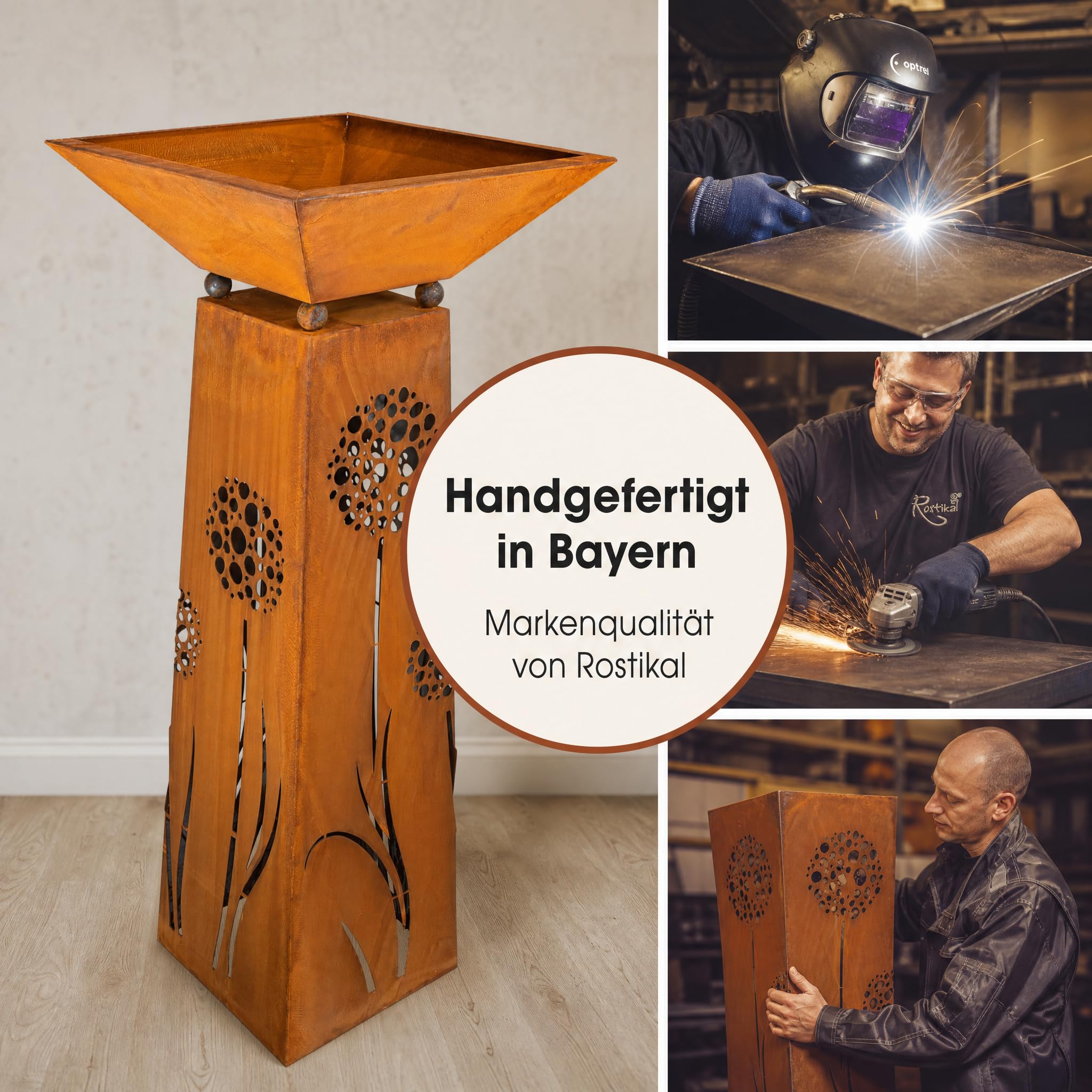 Rostikal Edelrost Pflanzsäule mit Schale 120 cm – Rostige Gartendeko mit Pusteblumen-Motiv – Handgefertigter Blumenständer mit eckiger Pflanzschale 50 x 50 cm - wetterfester Cortenstahl