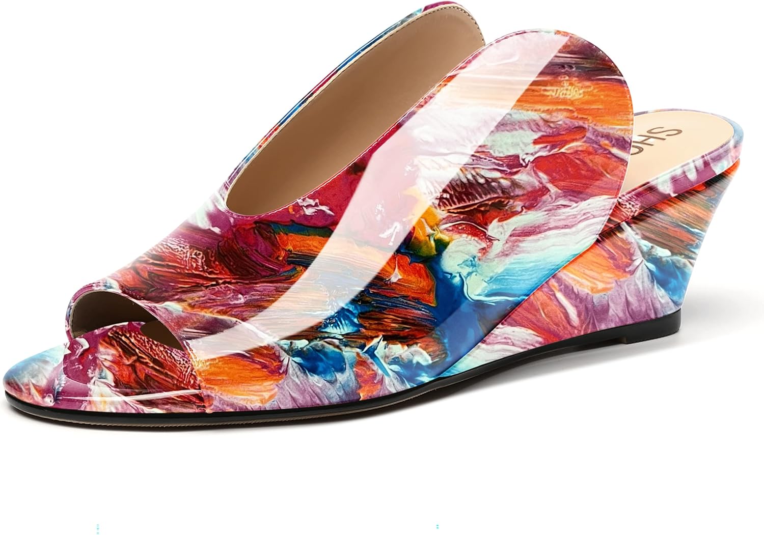 SHOWFOREST Women's Open Toe Casual Solid Slip On Outdoor Round Toe Patent Wedge Low Heel Pumps Shoes 2 Inch