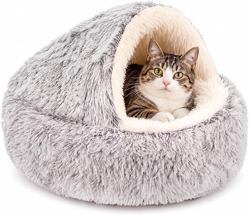 Hooded Cat Bed, Plush Cat Cave Bed with Warm Double-Layer Design | Soft Cosy Pet Hideaway with Thick Filling, Waterproof Non-Slip Base for Indoor Cats and Kittens