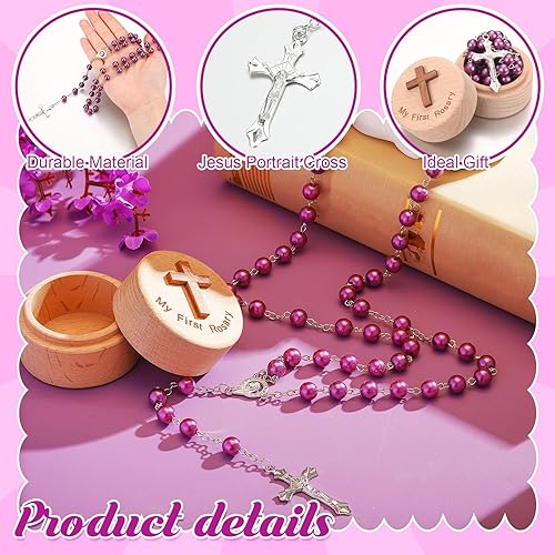 Miniatura 7 de Loetere Regalos de bautismo para niñas y niños, rosario católico, mi primer rosario y caja de recuerdo para baby shower, santa, primera comunión,
