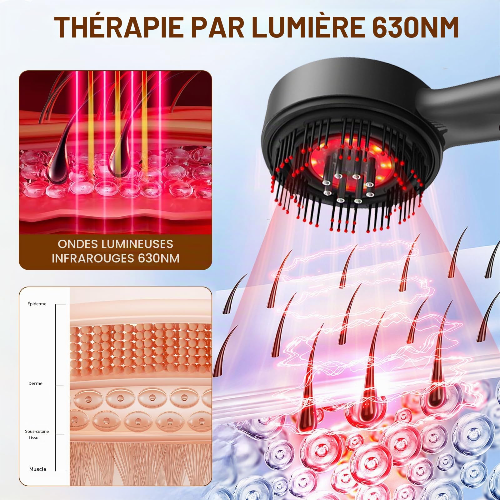 Brosse Massage Cuir Chevelu, Masseur de Tête Électrique, Scalp Massager Applicateur Huile Cheveux avec Lumière Rouge, 3 Modes de Massage, Étanchéité IPX7, pour Détente du Cuir Chevelu (Gris)