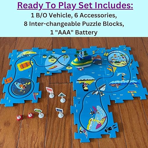 Miniatura 8 de Juego de pista de rompecabezas  Vehículo de juguete a pilas y tapete de juego de rompecabezas de piso  Juegos de 16 piezas  Vehículo temático de