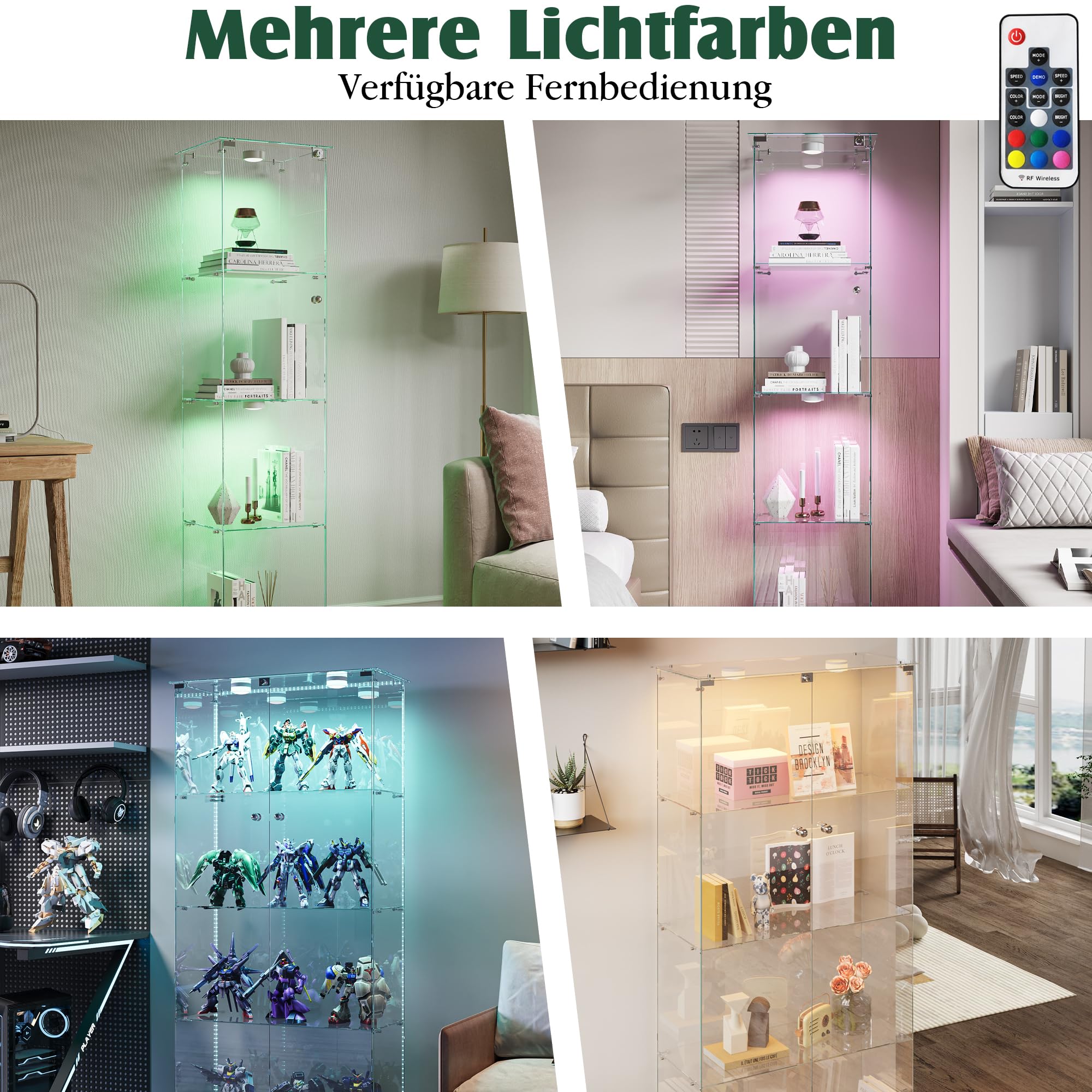 Vitrina de cristal con iluminación LED en negro, 163 x 35 x 78,5 cm, moderna vitrina de cristal de madera, 4 capas y 2 puertas, vitrina de cristal para oficina, salón, cocina