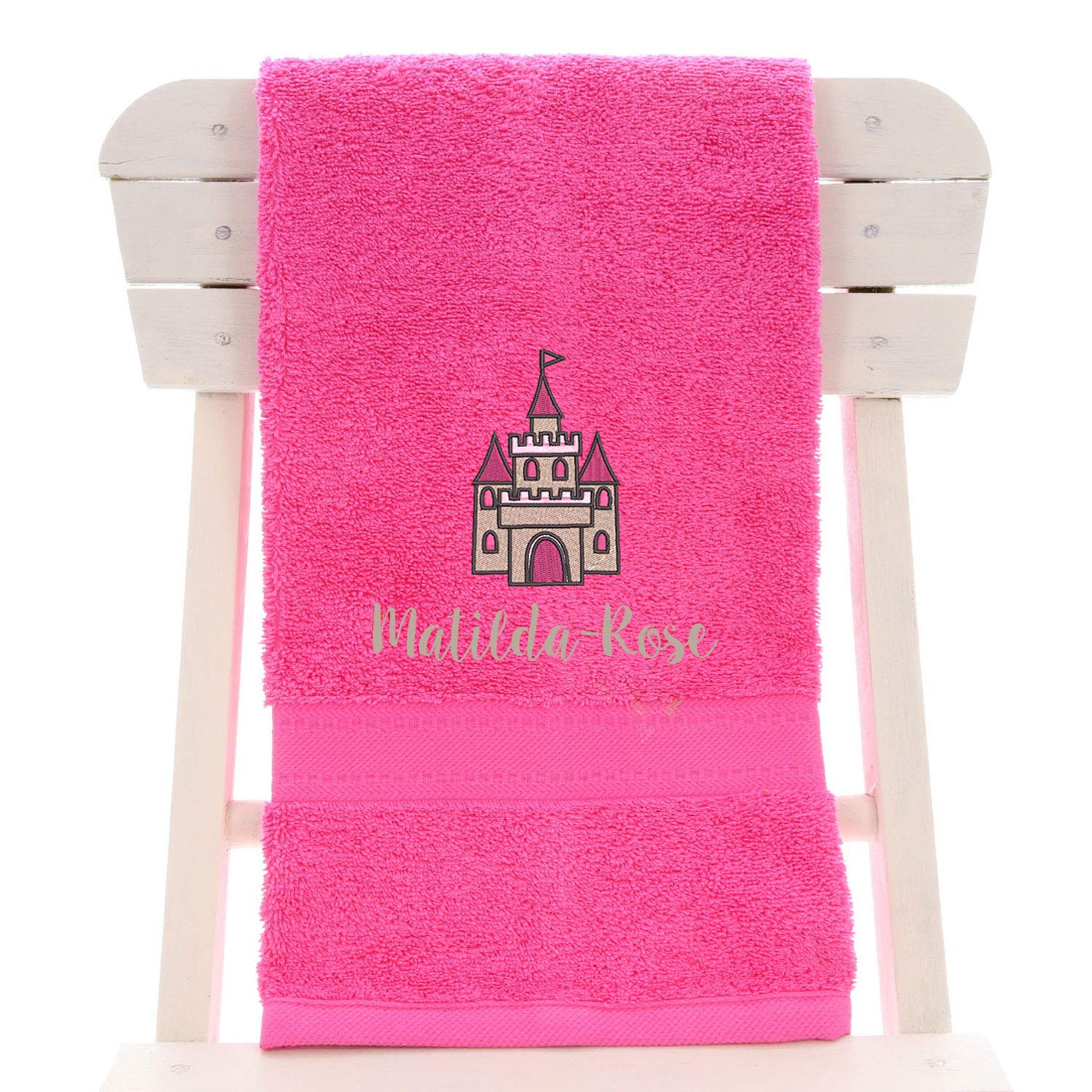 aztex Personalised Children's 100% Cotton Bath Towel with Princess Castle Logo & Name, 550gsm, 70cm x 130cm - Pink
