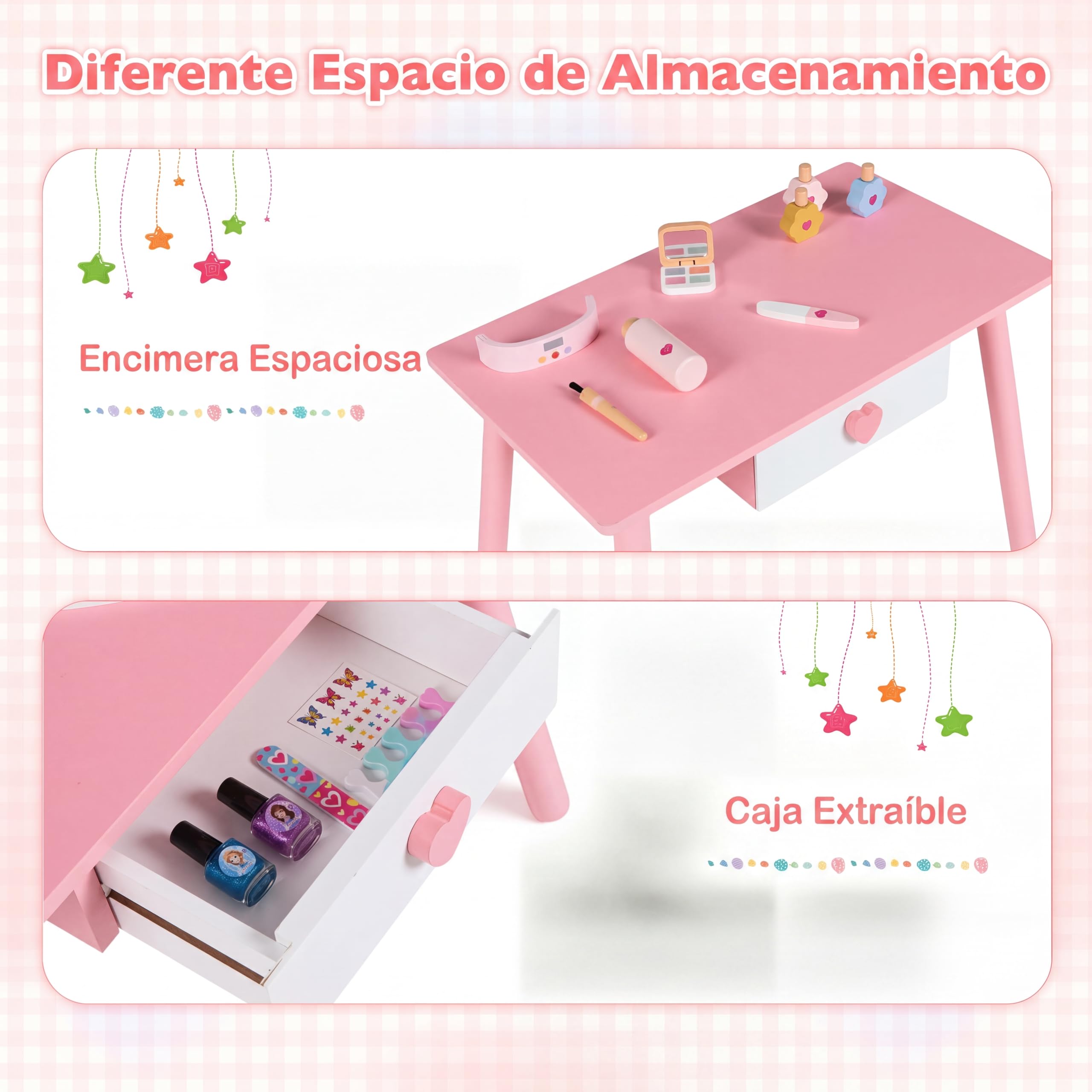 COSTWAY Tocador de Maquillaje Niña para Manicura con Silla y Taburete