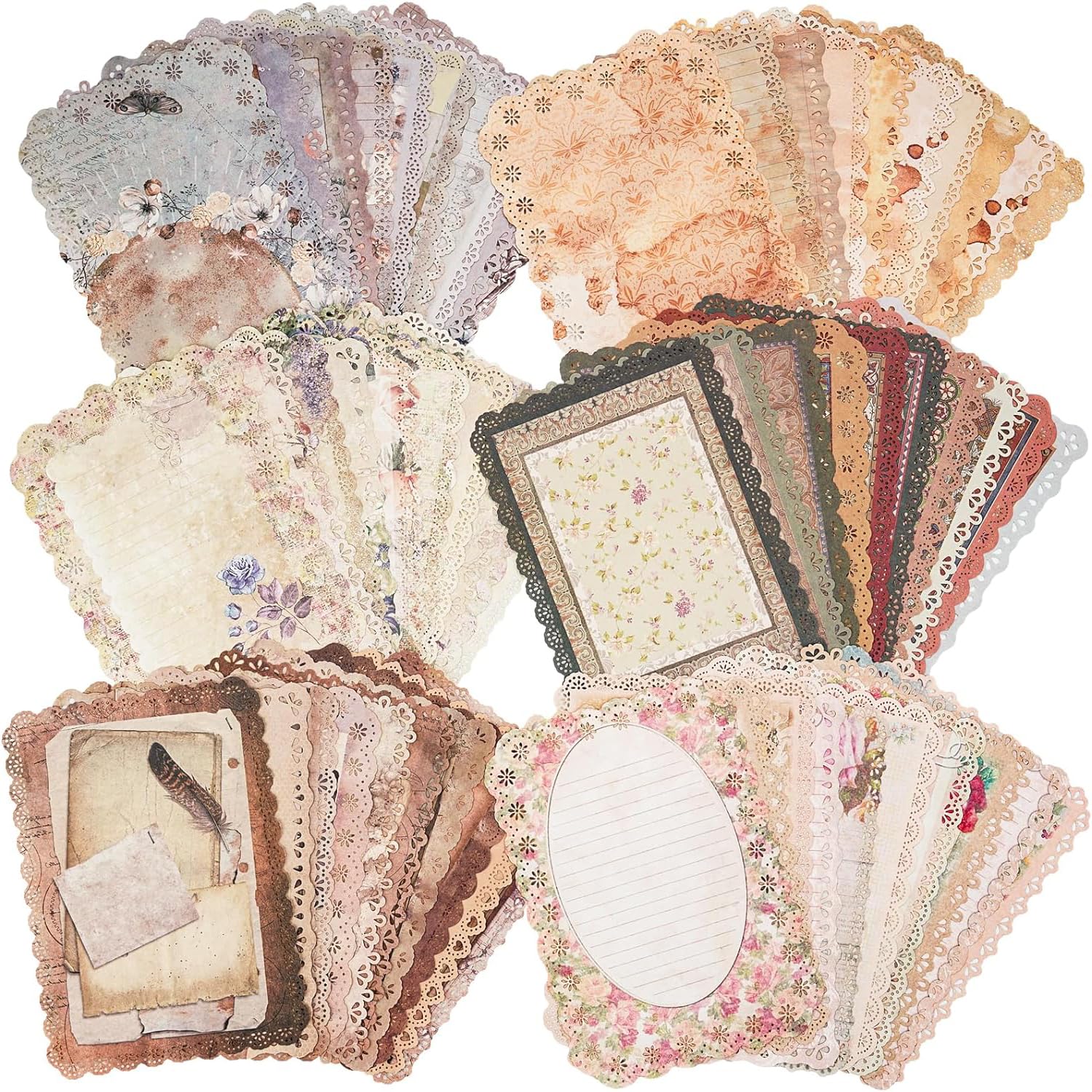 60 Sheets Lace Edged Scrapbook Stationery Paper Assorted Set, 6 Pack Scrapbook Vintage Paper for Junk Journaling, Bullet Journaling, Scrapbooking Supplies and Collage Background 4.9x6.9 Inch