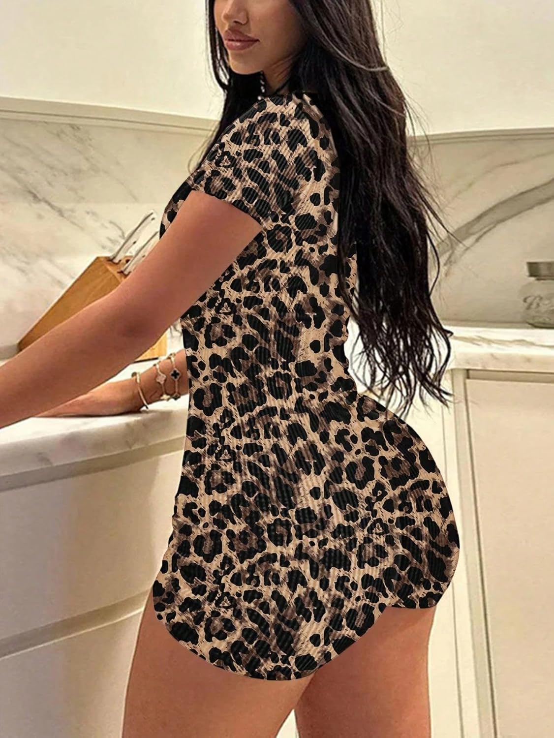 Molilove Women's Sexy Cheetah Print Jumpsuits Short Sleeve V Neck Zipper Bodycon Shorts Romper Y2K One Piece Outfits Clubwear - Image 2