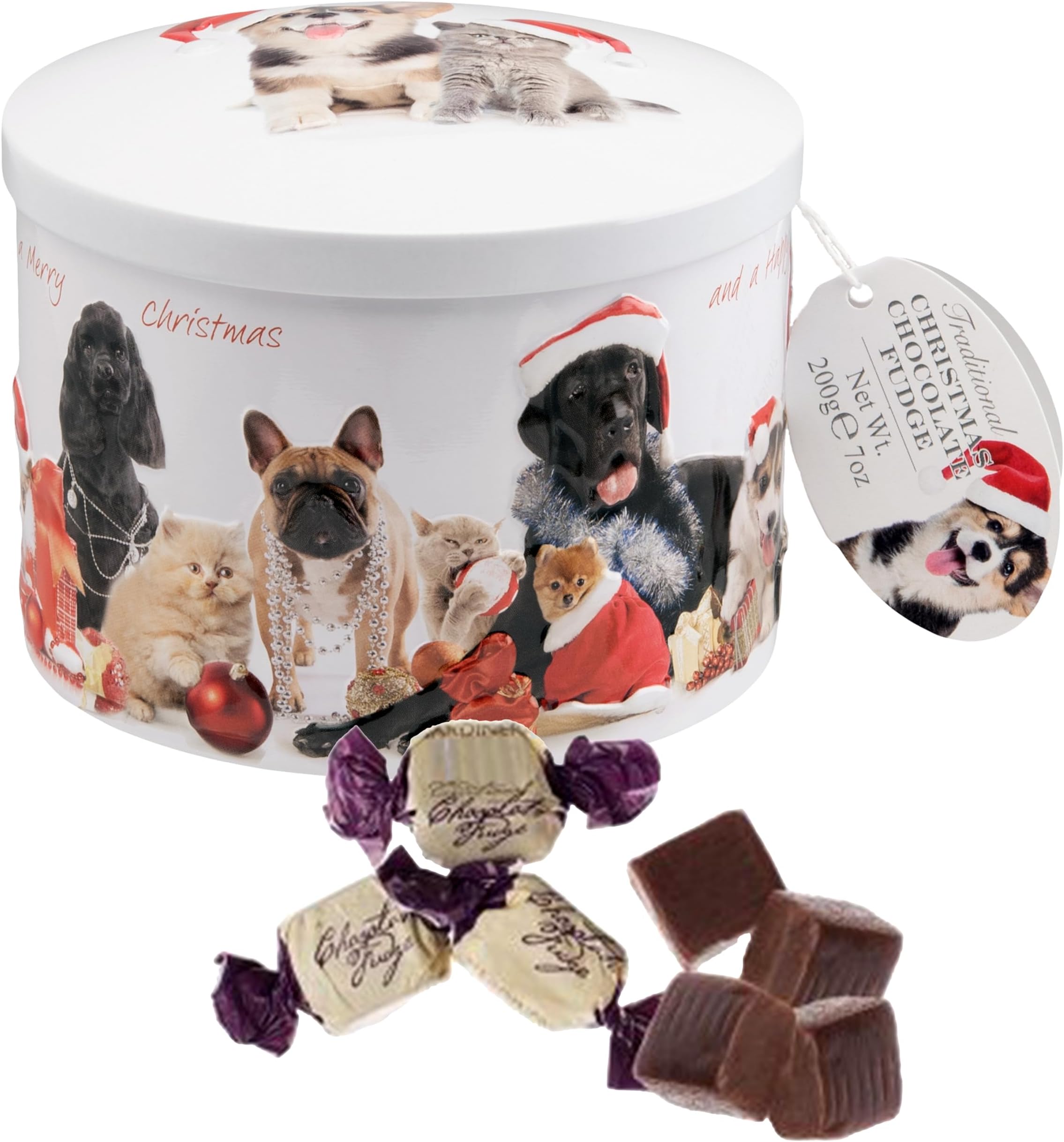 Handmade Fudge, Christmas Cats & Dogs Chocolate Fudge 7 Ounce Round Tin