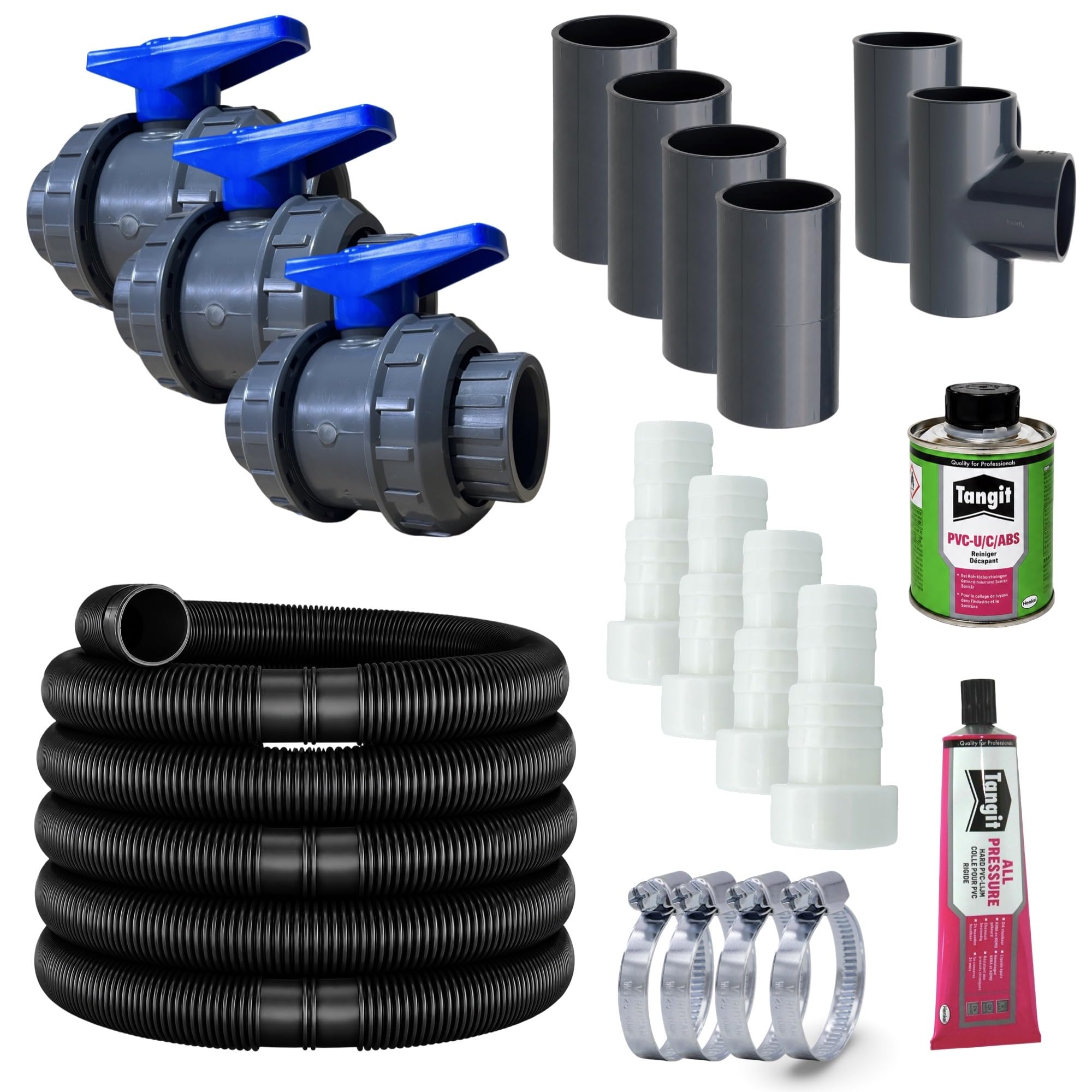 Pool Bypass EXPERT Set 50mm mit 32/38mm ABS Schlauchtüllen für Pool Wärmepumpe Schwimmbad Schwimmbecken Poolheizung Wärmepumpe Solaranlage (Bypass inkl. 6m Poolschlauch schwarz)