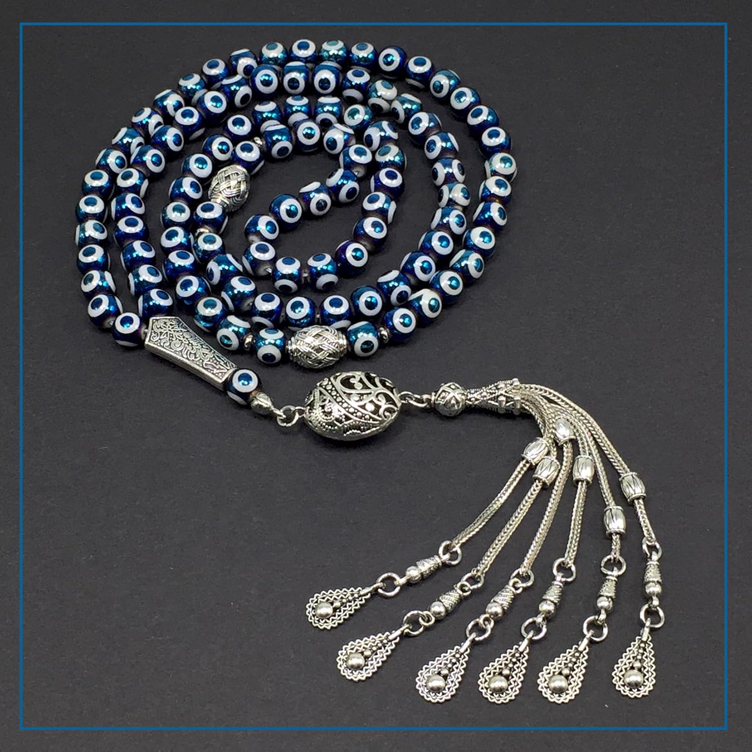 Design -Special Evil Eye Beaded Collection Worry Beads - Prayer Beads-Tesbih-Tasbih-Tasbeeh-Misbaha-Masbaha-Subha-Sebha-Sibha-Rosary (Electroplate Evil Eye Glass -8mm 99- Beads)