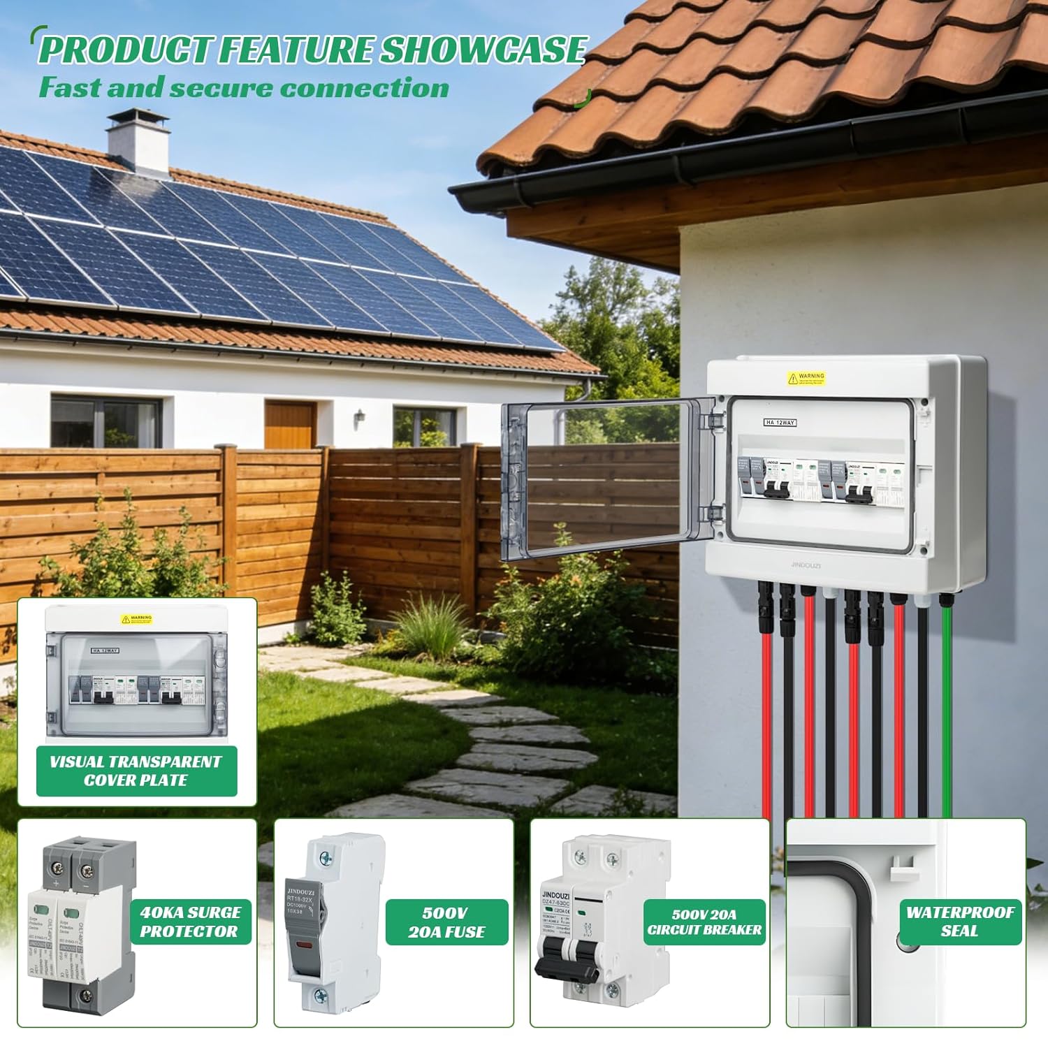 2 in 2 Out Solar Combiner Box,PV Combiner Box with 20A PV Fuse,DC 20A Circuit Breaker and Surge Protector,IP65 Solar Disconnect Switch Box for Indoor Outdoor Solar Panel System (2 in 2 Out 20A 500V)