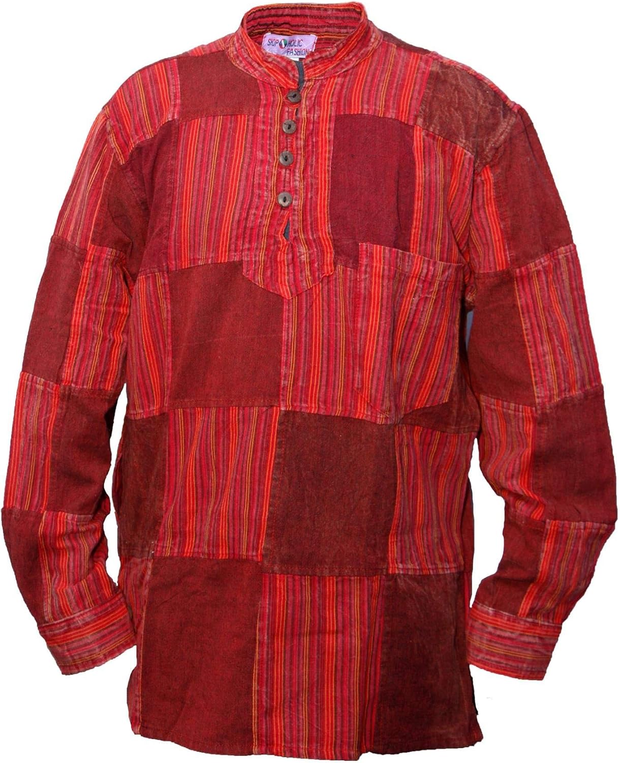 Shopoholic Fashion Mens Stonewashed Plain Stripe Patch Hippie Shirt