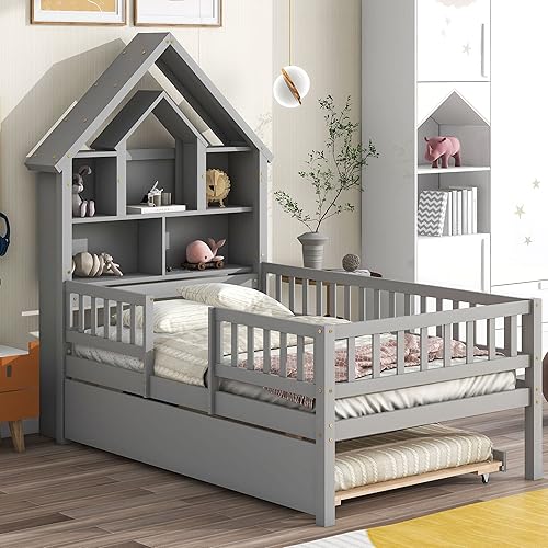 Miniatura 3 de RUNWON Cama de plataforma en forma de casa de tamaño individual con barandillas de valla y nido para dormitorio de niños y adolescentes