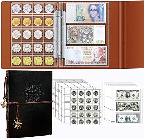 Ettonsun Colección de monedas para coleccionistas, 200 bolsillos, álbum de recolección de monedas y 30 fundas de papel moneda, estuche de