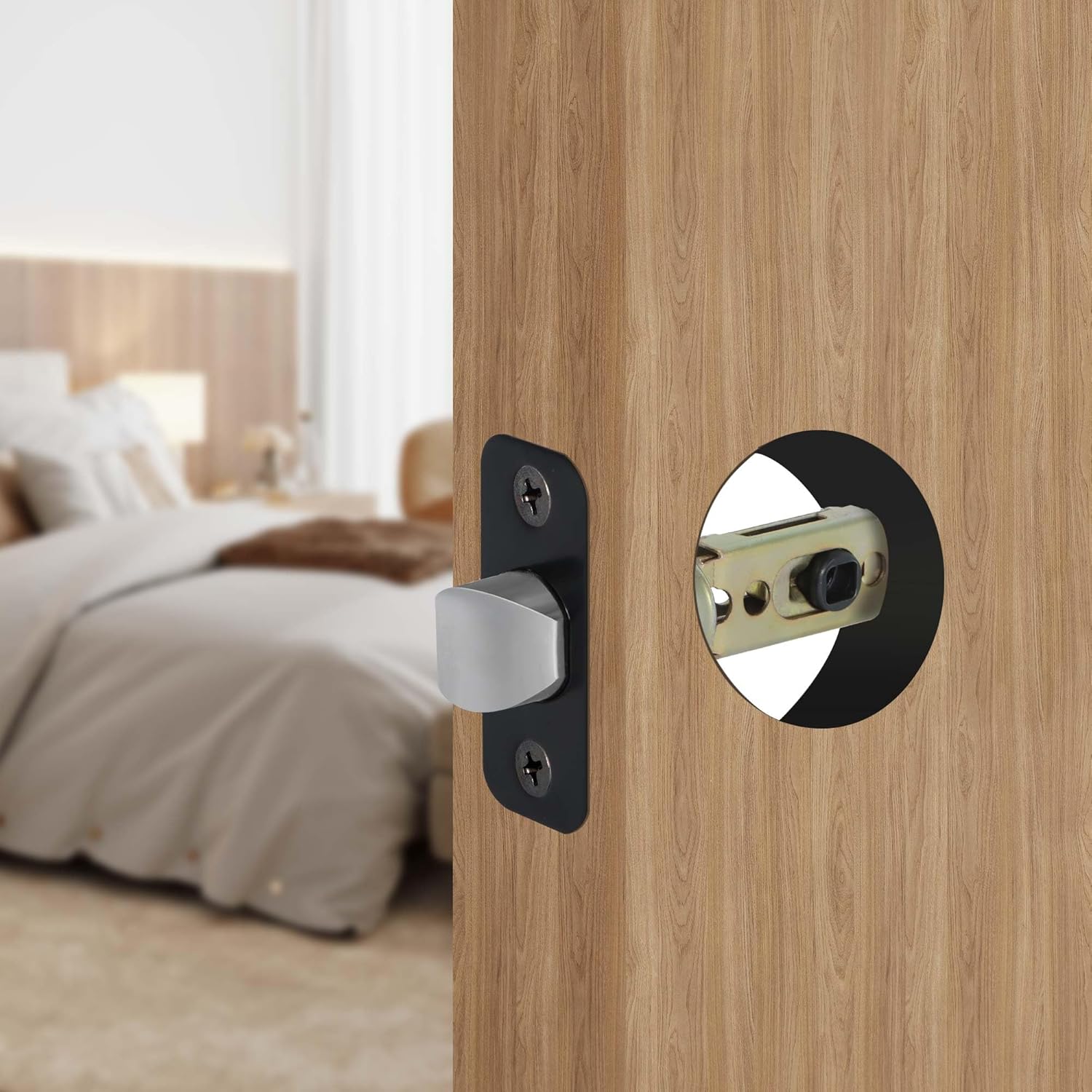 1 Pack Black Door Latch Replacement, 8mm Big Spindle Hole, 45°Turning Angle, 2-3/8'' or 2-3/4'' Backset Door Deadlatch, Stainless Steel Round Corner Door Lock Replacement Parts