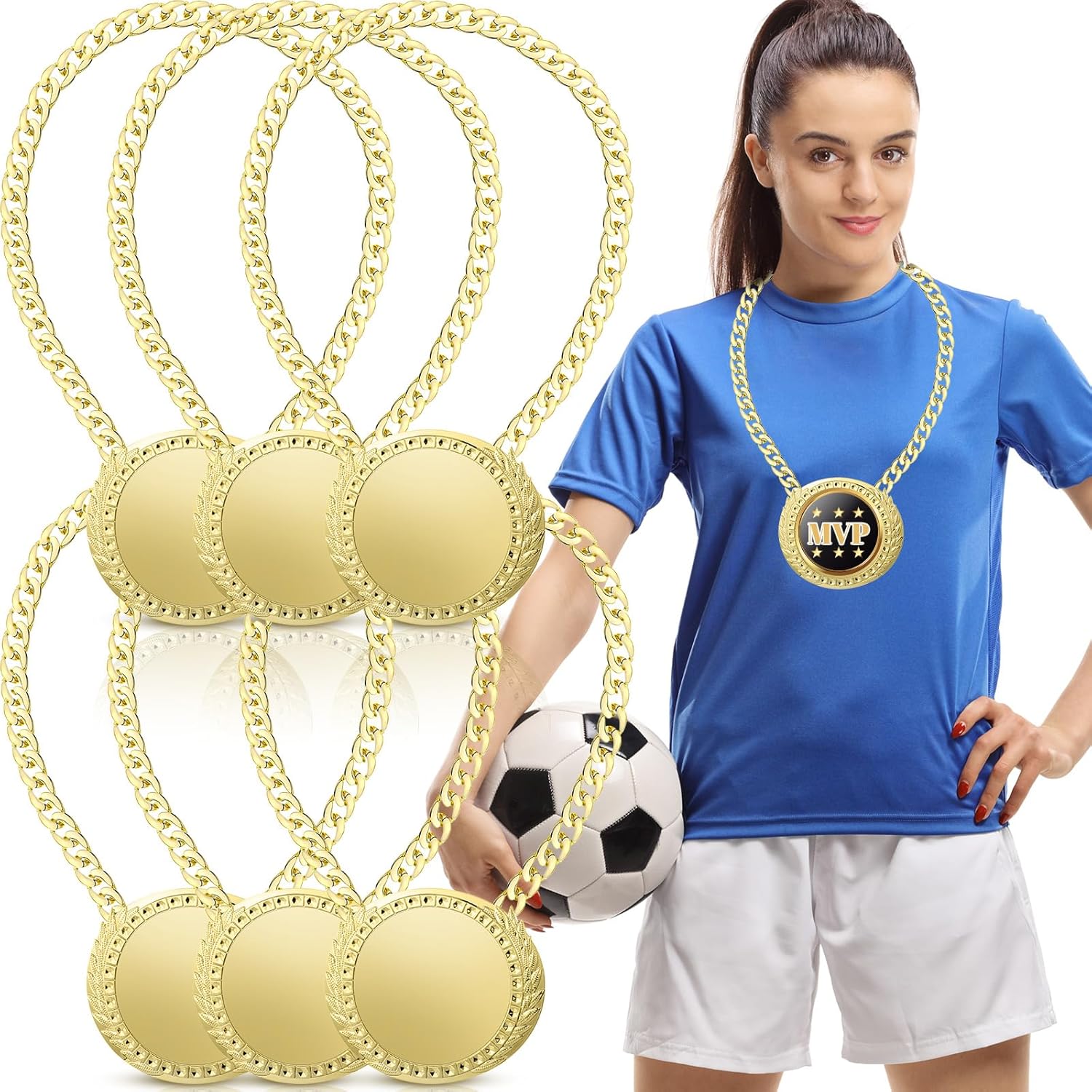 6 Pcs Blank Award Medals with Neck Chains Create Your Own Kit Cheer Medals Winner DIY MVP Participation Trophy Metal Prize Gifts for Soccer Football Party Game