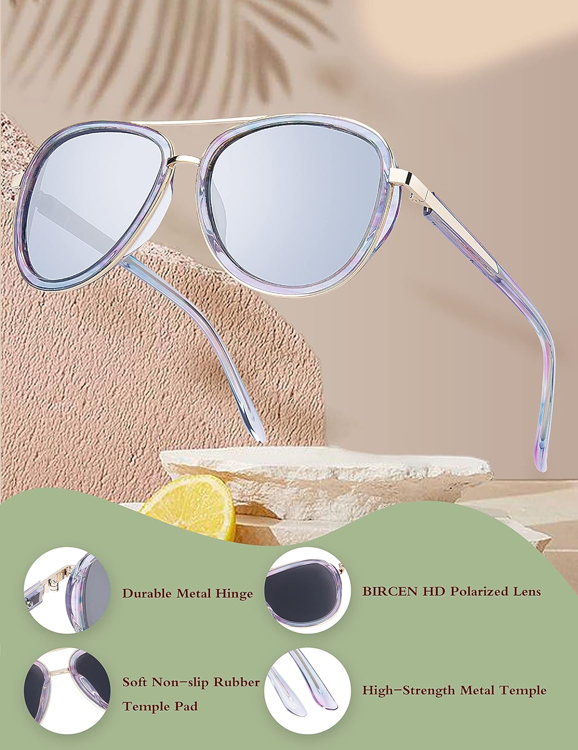 BIRCEN Polarized Sunglasses for Women UV - Protection Womens Retro Mirrored Shades with Acetate Frame BC2001 - Image 5