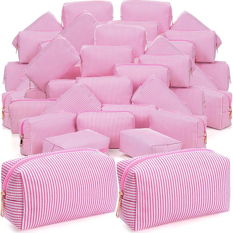 Sanwuta Necessaires de maquiagem em seersucker listrado Rose Pink com zíper, pacote com 50