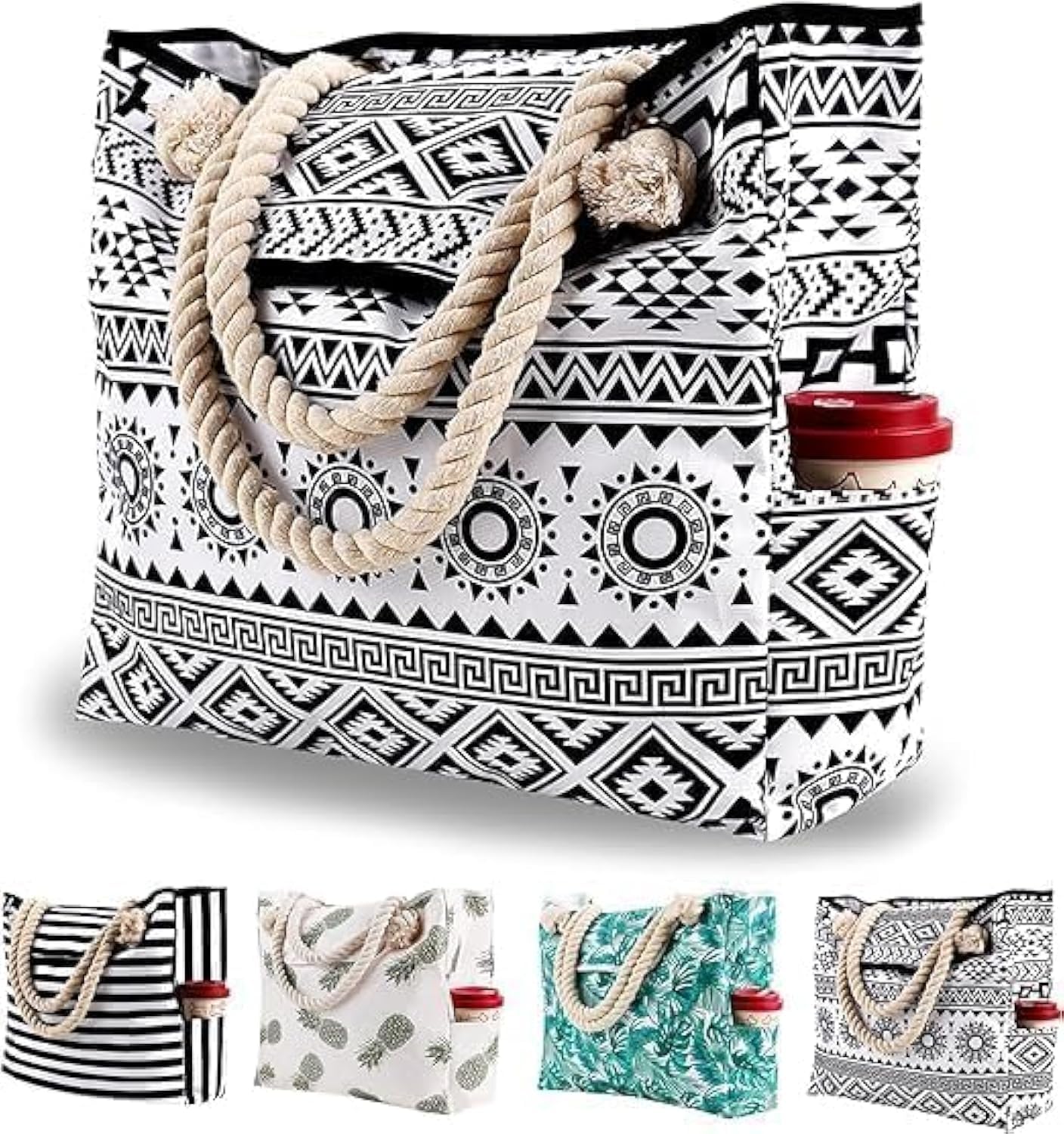 Large Beach Bag | Waterproof and Sandproof Lightweight Durable Beach Tote Bag for Women with - Phone Case - Rope Handles - Key Holder-Top Magnet Clasp - Outside Bottle Pockets