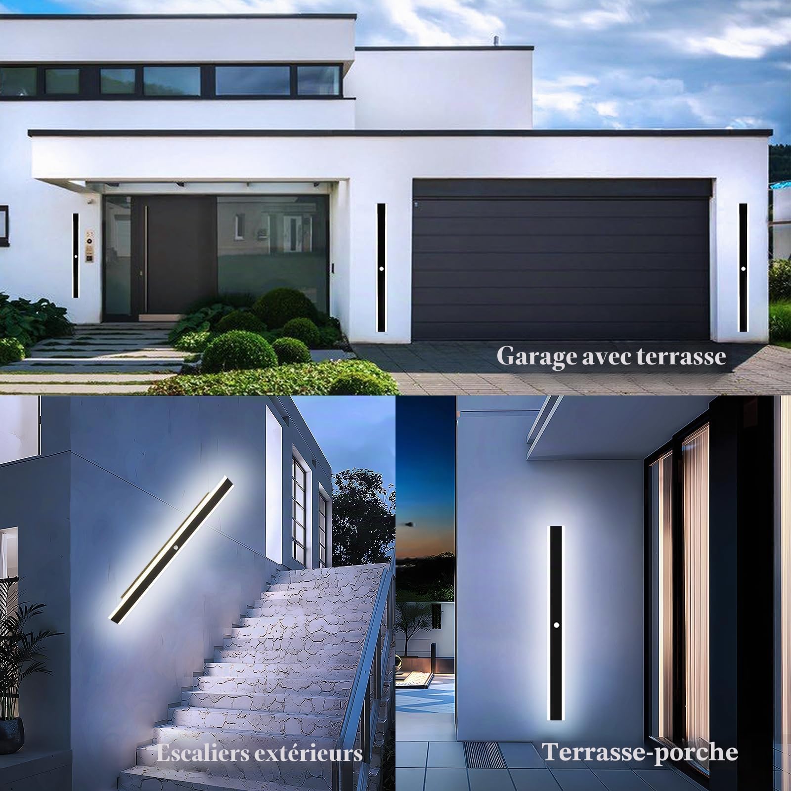 150CM Longue Applique Murale Detecteur de Mouvement Extérieur LED Lampe Mural Étanche Noir 48W Moderne Luminaire de Mur Éclairage pour Patio Villa Terrasse, 6000K Blanc Froid