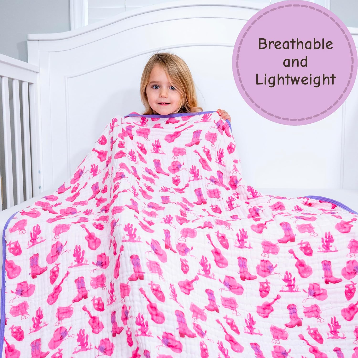 LollyBanks Muslin Baby Quilt, 100% Organic Cotton Baby Blanket, Large 47 x 47 Inches, 6-Layer Soft and Breathable Infant Blanket, Cozy Toddler Girl Blankets, Nursery Essentials (Western Cowgirl)