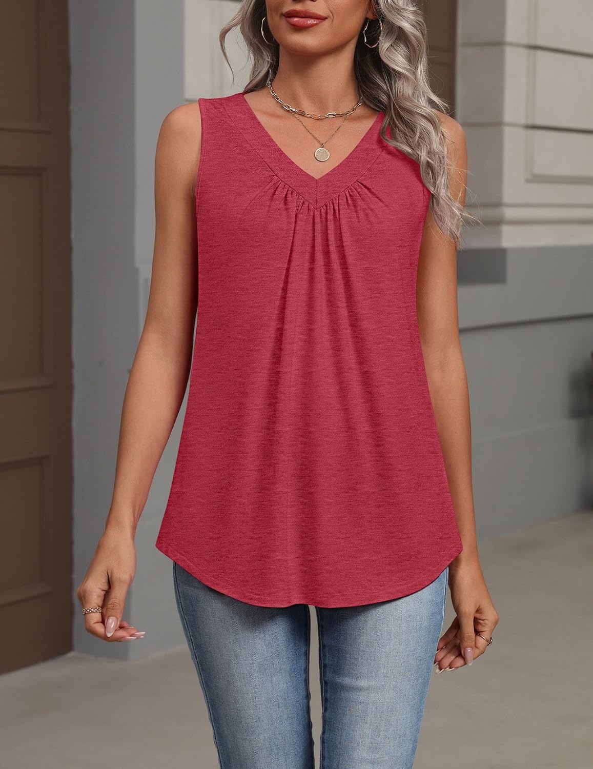  Womens Tank Tops Summer Sleeveless Tops V Neck Pleated Shirts | Summer Sleeveless Loose Fit Tops,Basic Tees,Dressy Casual Trendy Clothes,Fashion Clothing,Cute Tops,Womens Tops,Ladies Shirts thumbnail