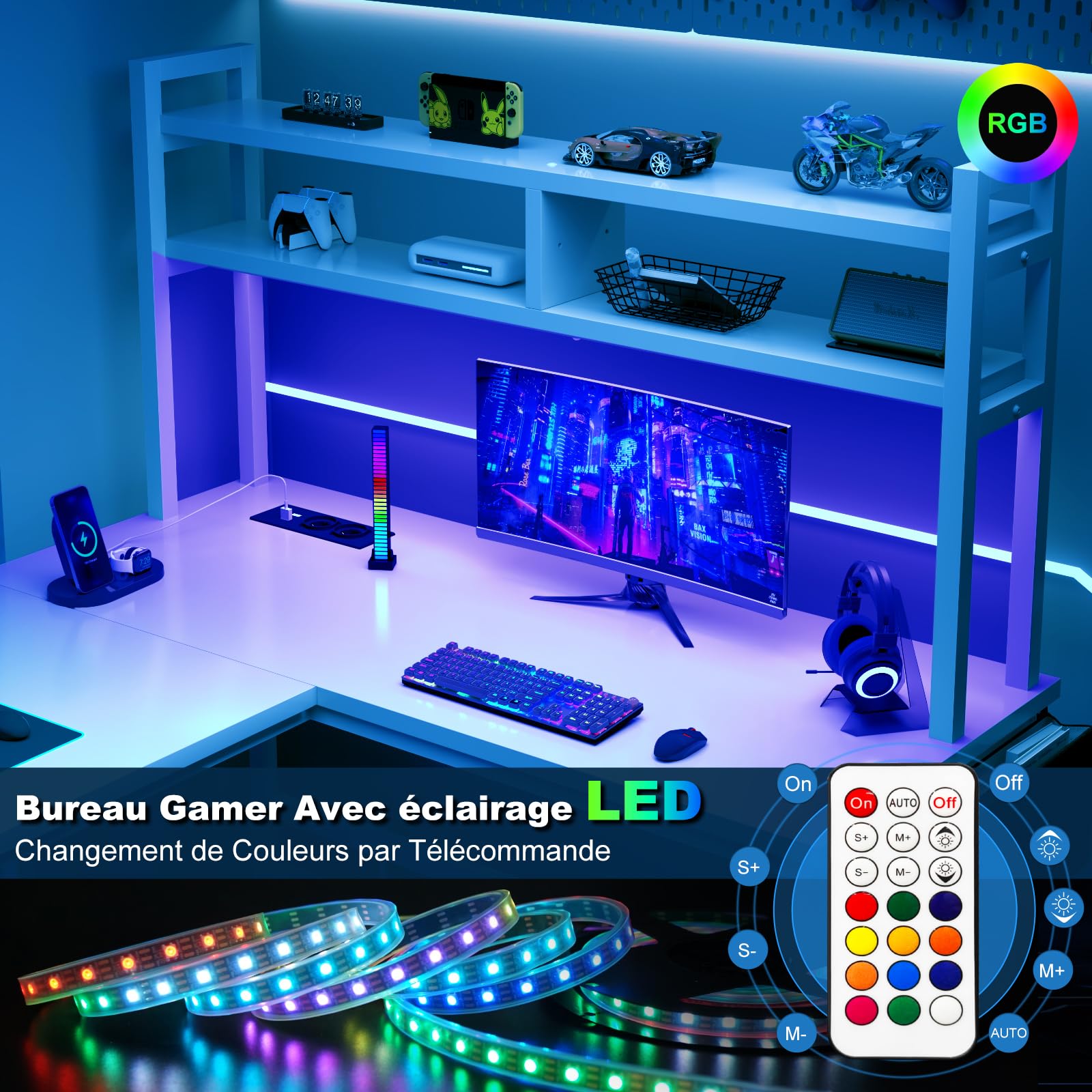JUMMICO Bureau Gaming d'angle en L avec Rangement, 160x120 cm, Blanc
