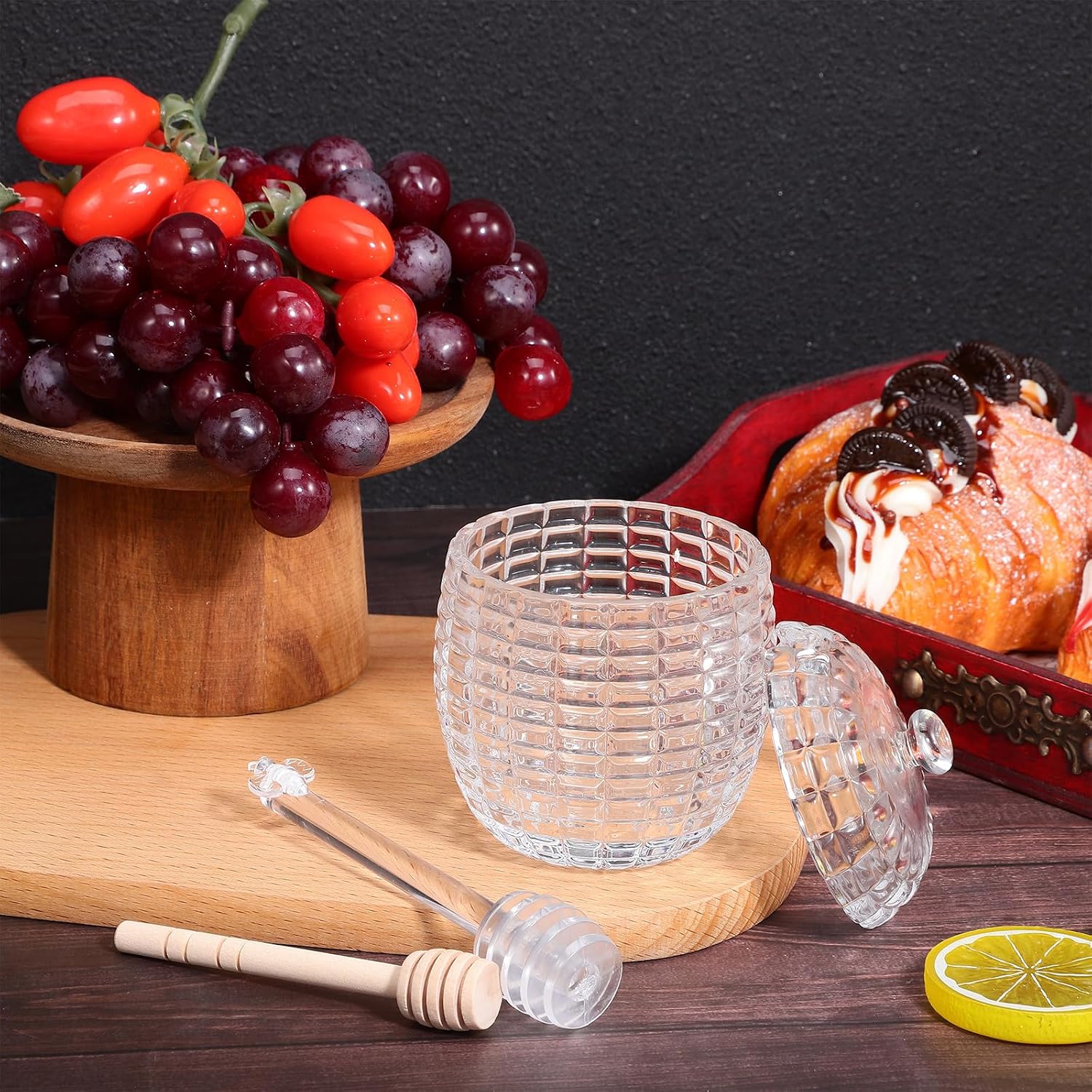 PRETYZOOM Honey Jar with Lid and Wooden Dipper 3.14 X 3.14 X 2.75 Inch Clear Glass Honey Pot for Kitchen and Dining Table Drip-Free Design with Monitoring