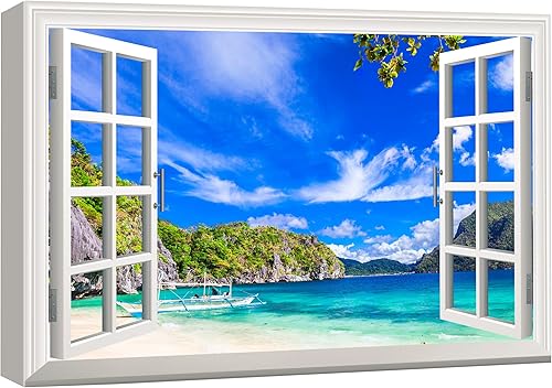 wall26 Lienzo impreso para pared, vista de ventana a barco y playa tropical, isla de naturaleza, desierto, fotografía, realismo, paisaje rústico,