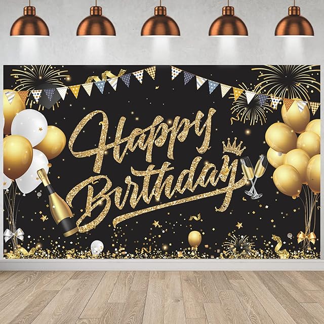Birthday Backdrop Banner,GRESATEK Black Gold Backdrop Background Sign Photo Happy Birthday Party Decoration Set for Girls Men Women Celebration,185x110CM